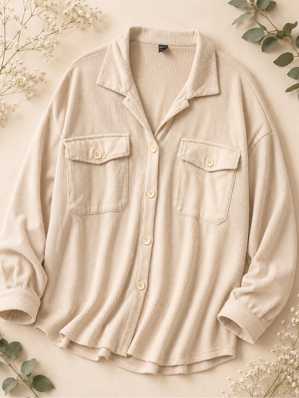 Cream Button-Front Ultra Soft Ribbed Cotton Shacket